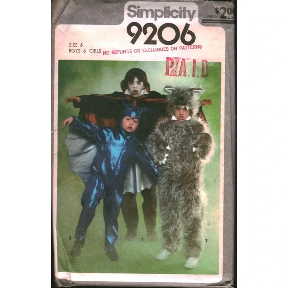 Vintage Simplicity 9206 Kids Costume Sewing Pattern Vampire Werewolf Bat Size 6